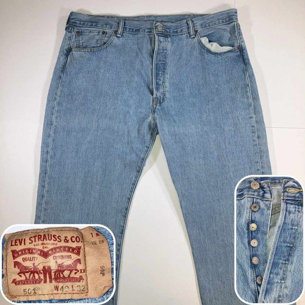 Levis 501 Jeans Mens 40x32 Light Wash Button Fly Original Fit Denim